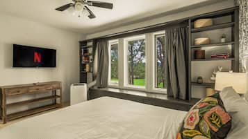 A bedroom with a bed, a TV, a ceiling fan, a window with curtains, and a bookshelf.