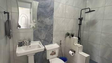 A bathroom with a pedestal sink, toilet, and a shower with a handheld showerhead.