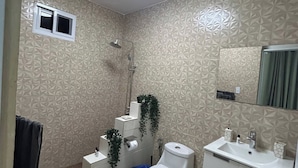 Et badeværelse med bruser, toilet, vask og spejl.