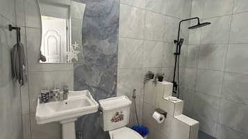 Ein Badezimmer mit Standwaschbecken, Toilette und Dusche.