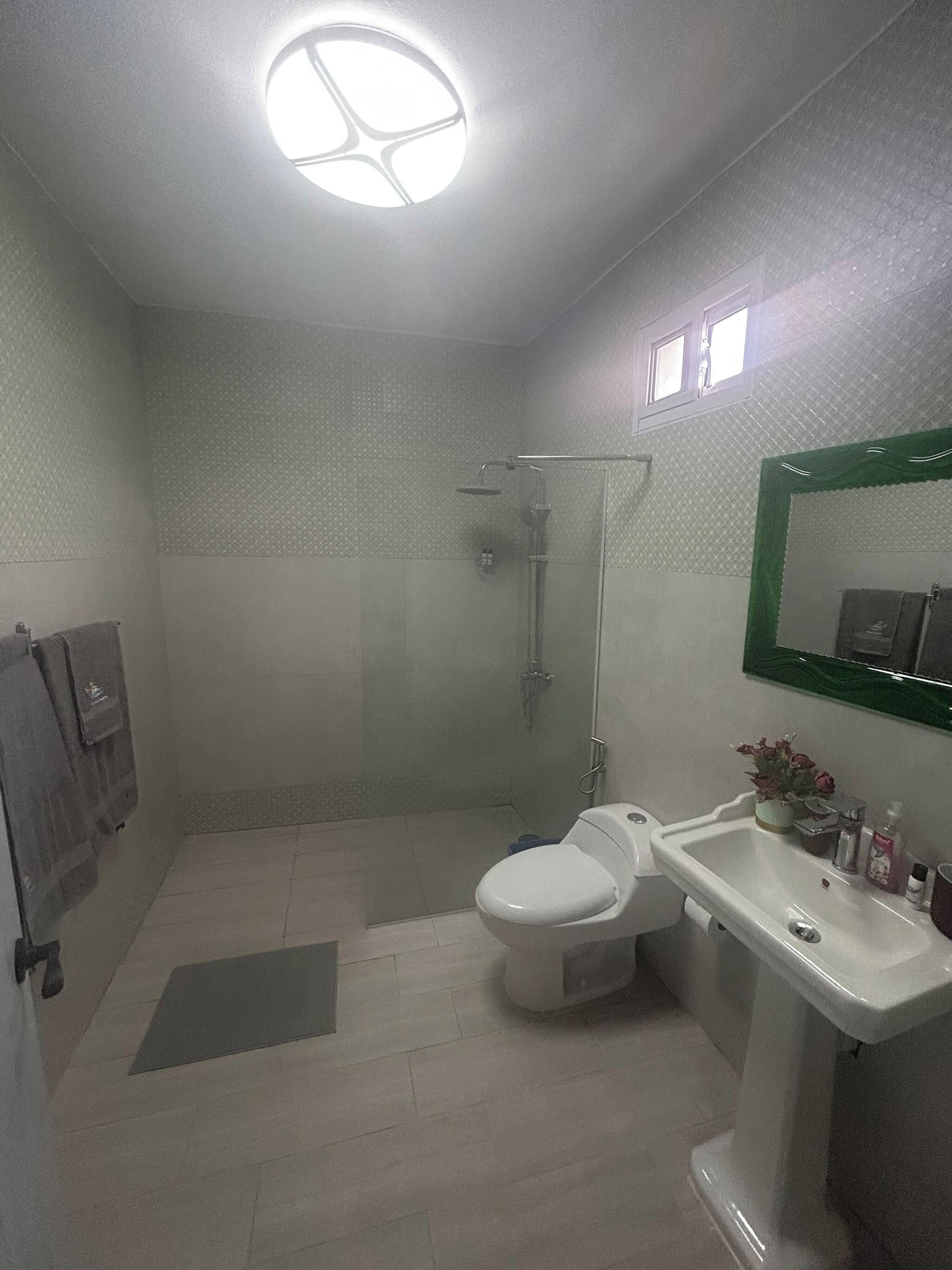 Ein Badezimmer mit Dusche, Toilette, Waschbecken und Spiegel.
