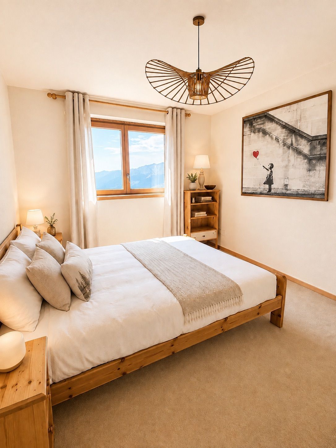 A bedroom with a wooden bed, a window with curtains, a bedside lamp, a wall-mounted light fixture, and a framed picture.