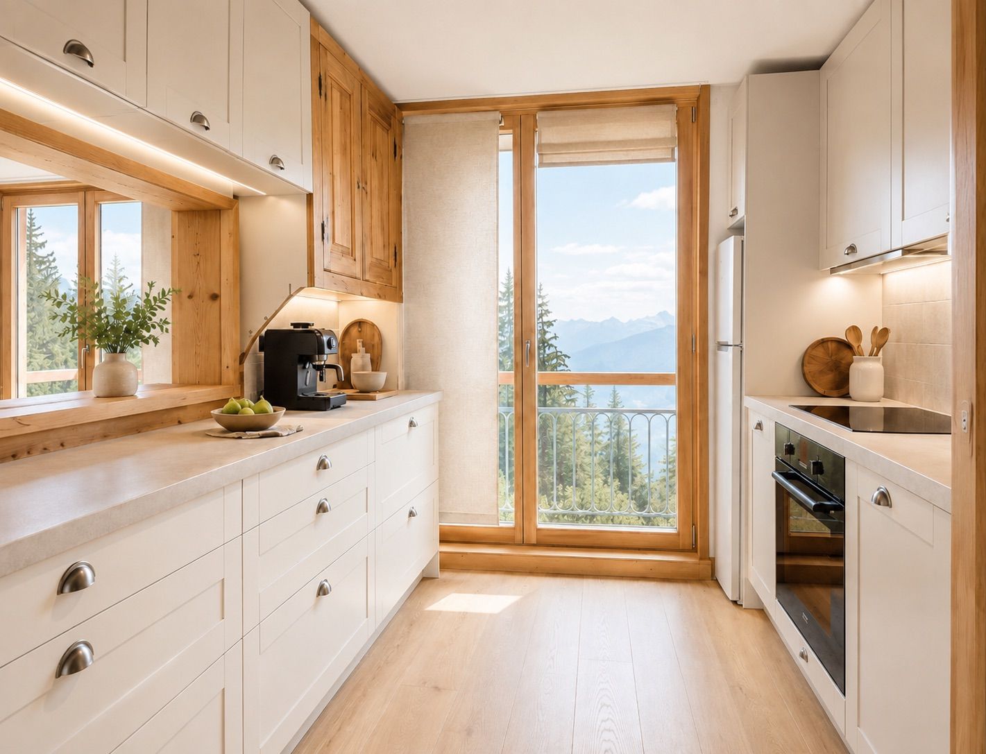 A modern kitchen with wooden cabinets, a coffee machine, and a view of mountains through a large window.
