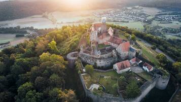 An aerial view of a historic castle surrounded by forested areas and a river.