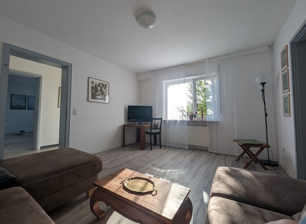 Un salon avec un canapé, une table basse, un téléviseur et une fenêtre avec des rideaux.