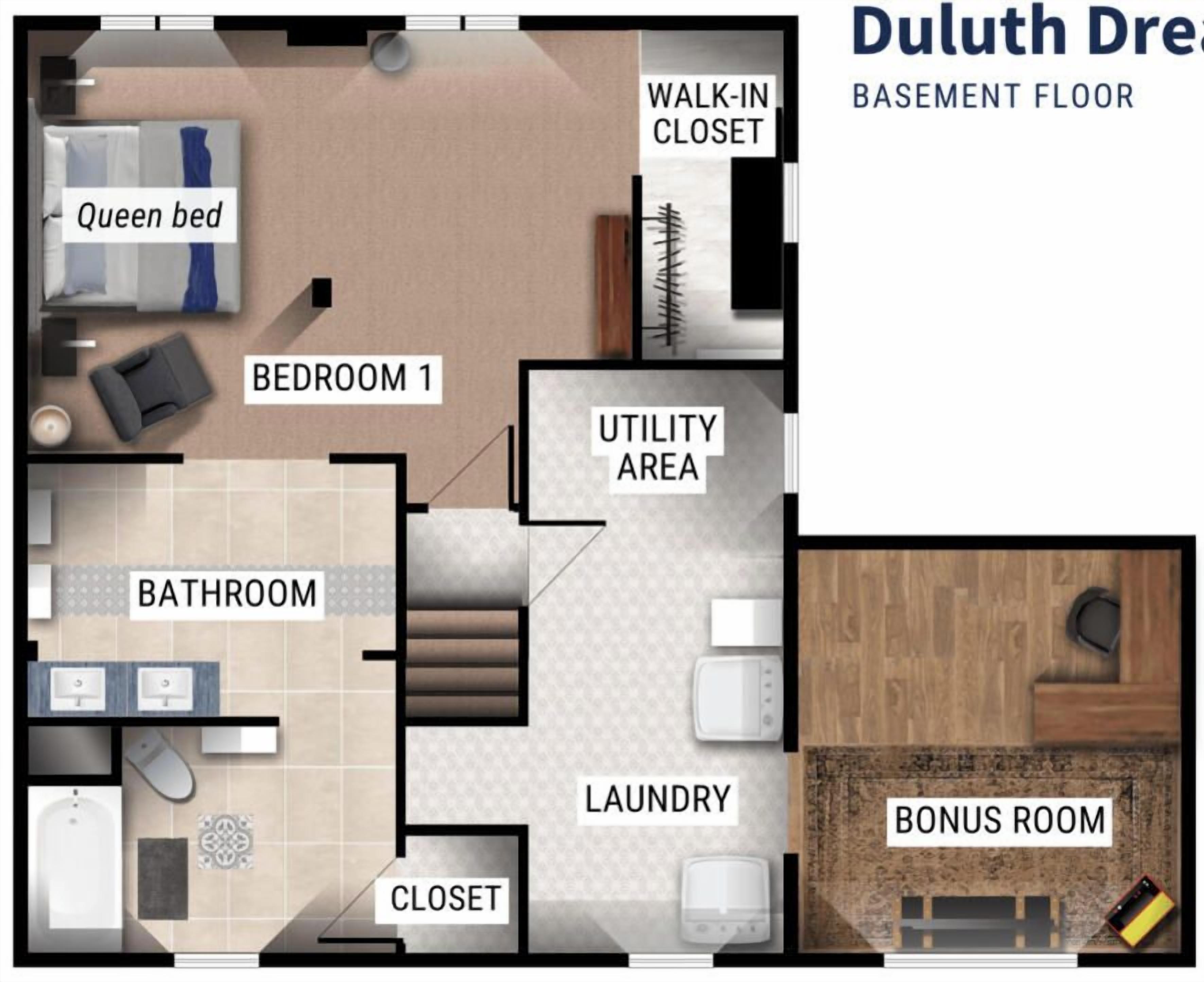Plan d’étage d’un appartement « Duluth Dream » comprenant un lit queen-size, un dressing, un espace technique, une buanderie et une pièce supplémentaire.