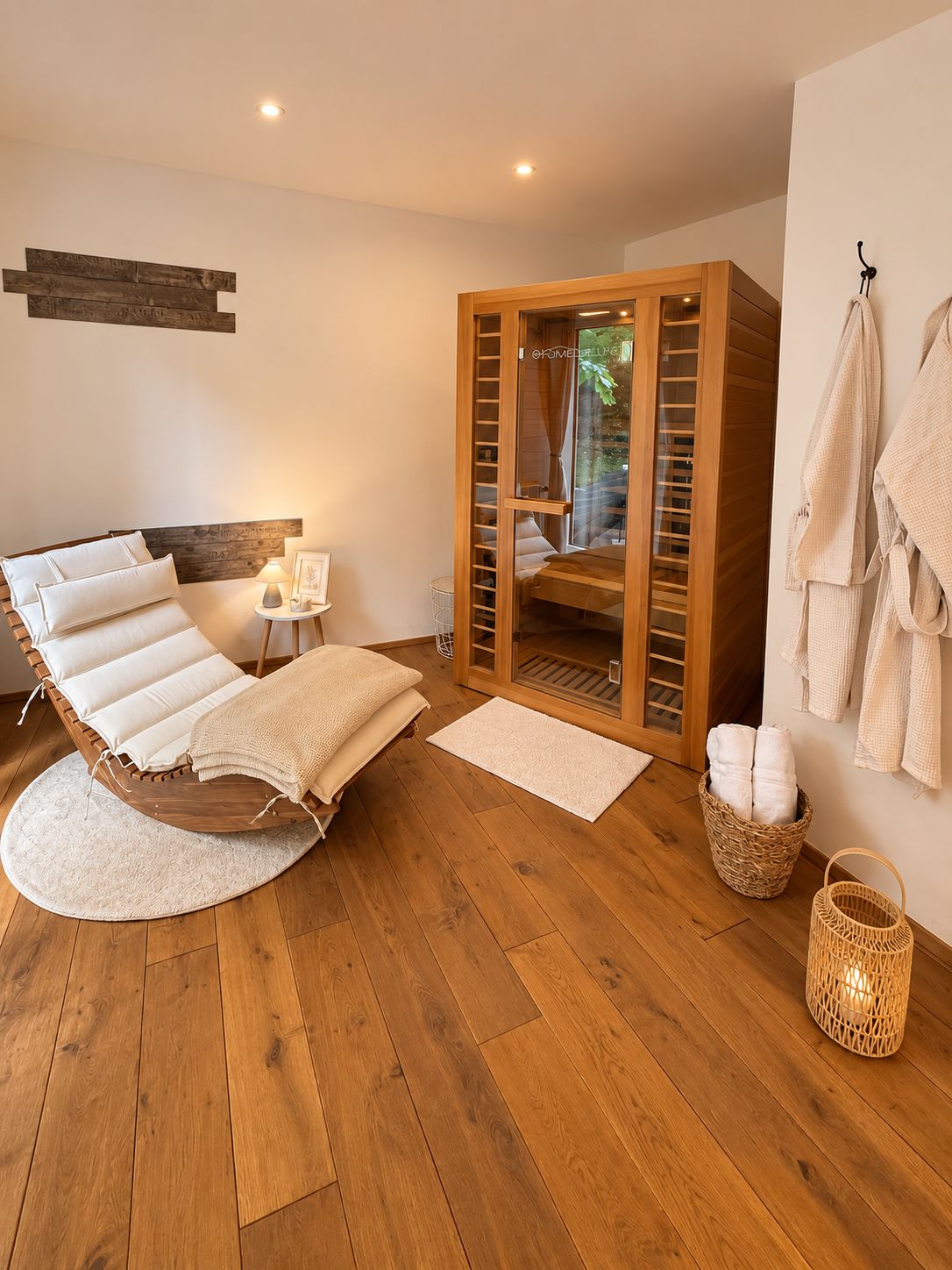A modern bedroom with a wooden bed, a glass-enclosed walk-in closet, and a wooden floor.