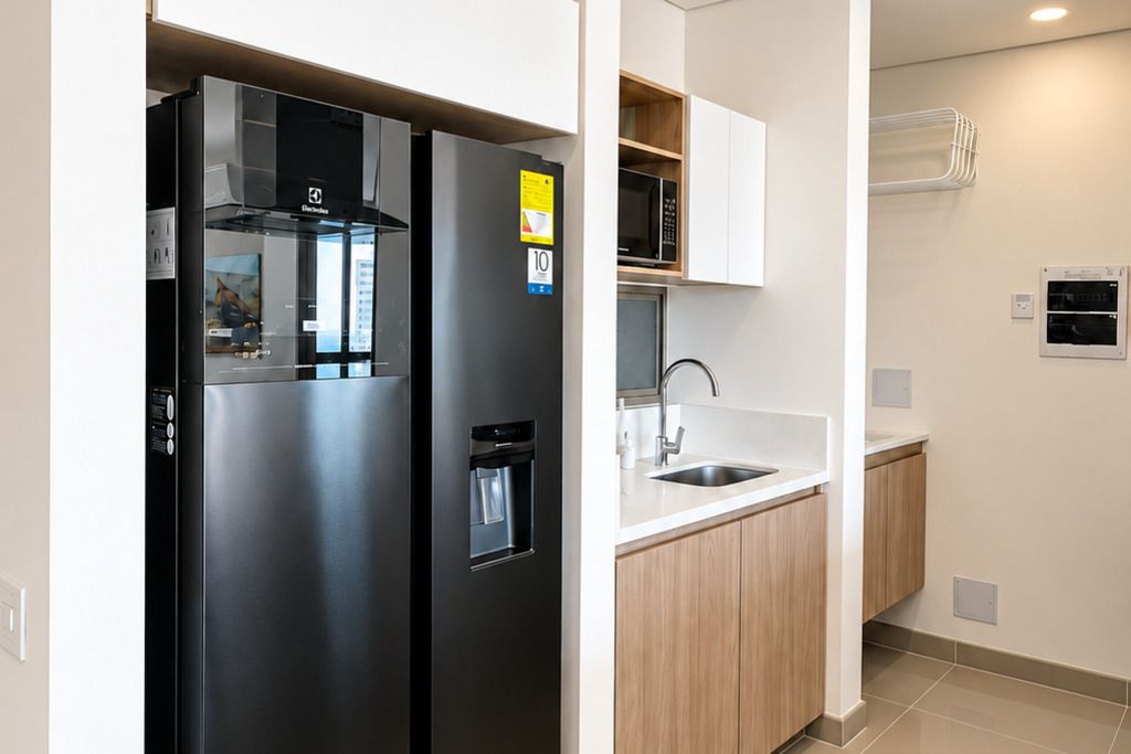 Une cuisine moderne avec un réfrigérateur noir, un four à micro-ondes et des armoires en bois.