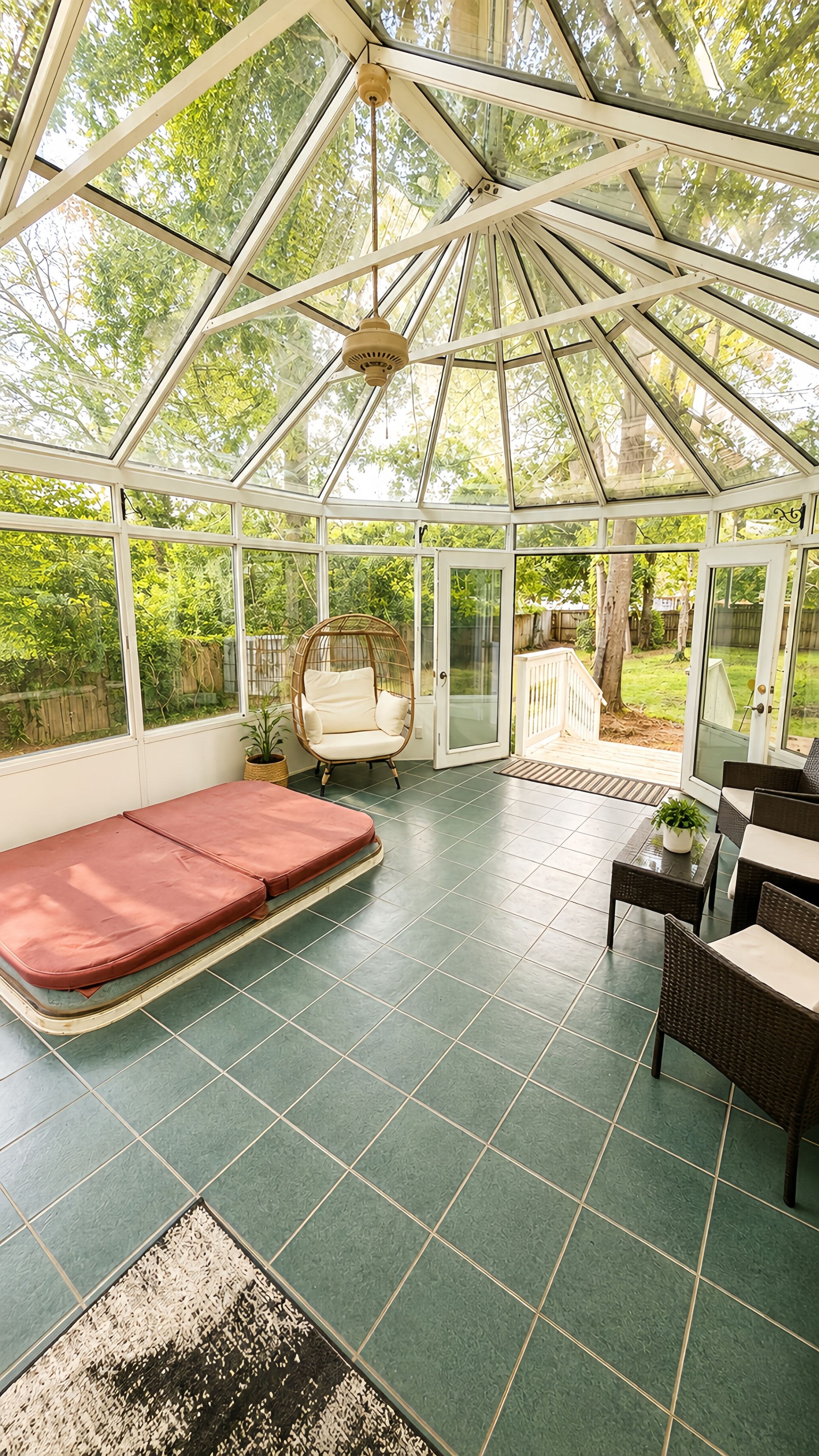 A conservatory with a glass ceiling, a cushioned bench, wicker furniture, and a view of the garden.