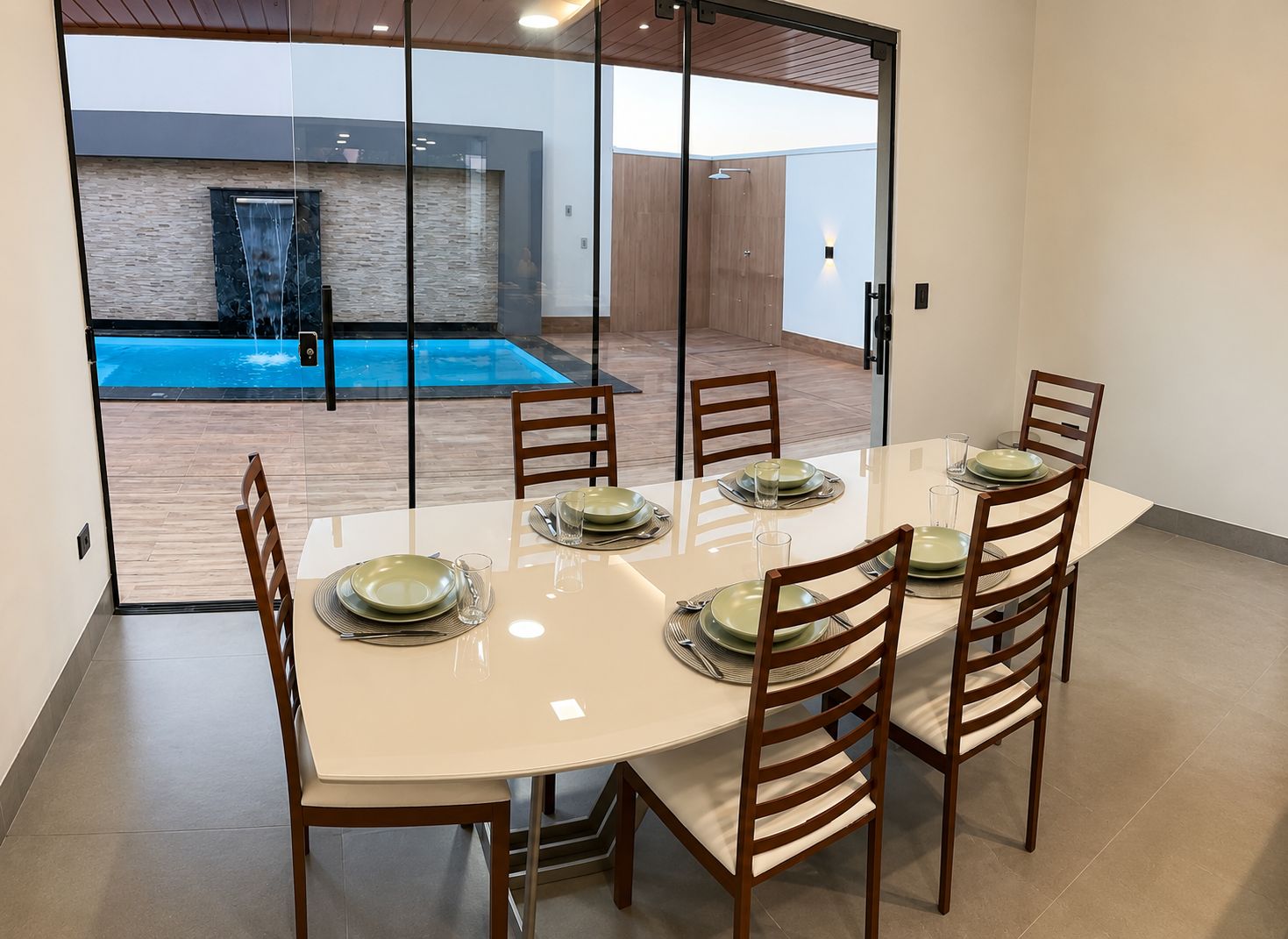 A dining area with a glass partition, a pool, and a modern interior design.