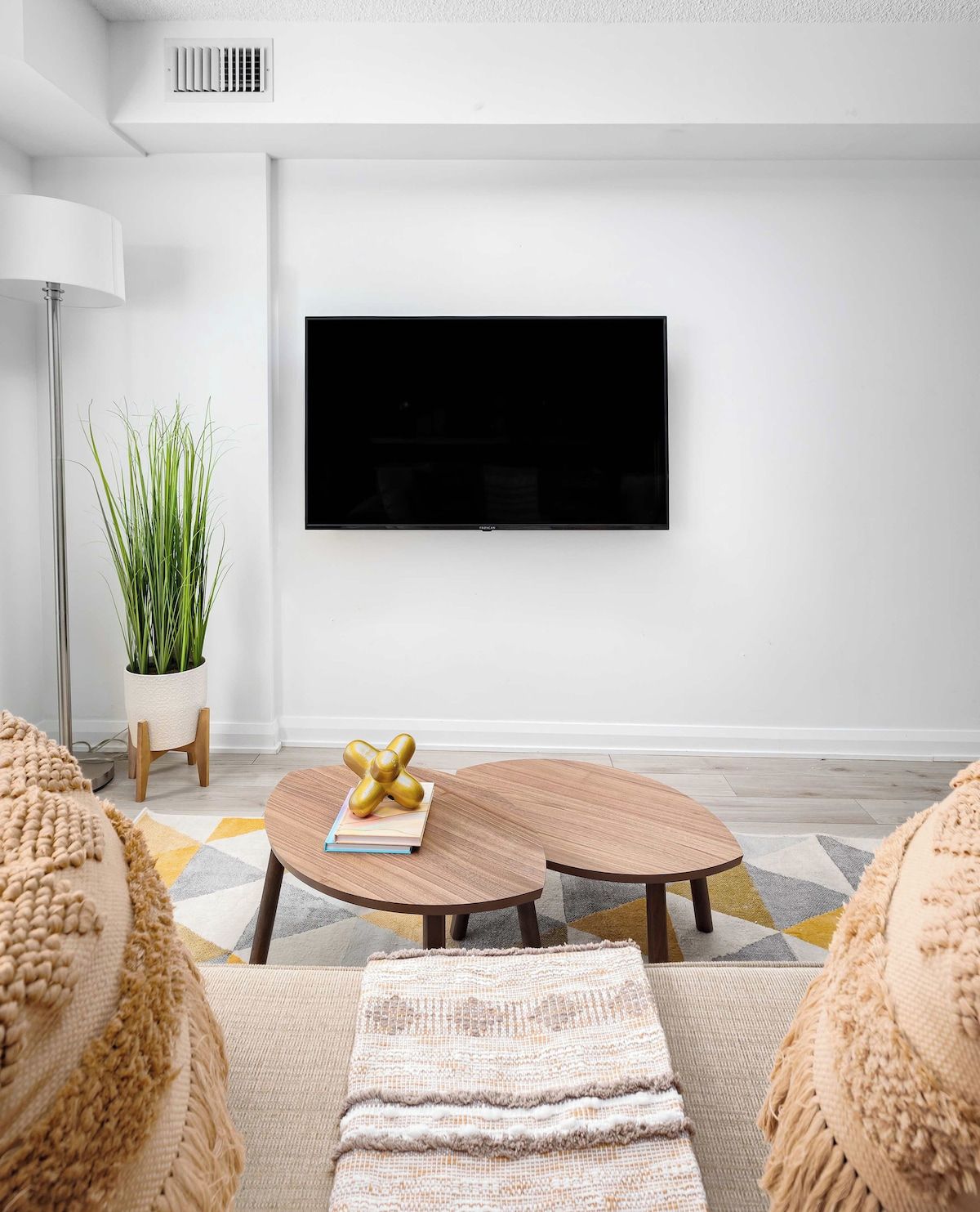 A modern living room with a flat-screen TV mounted on the wall, two wooden coffee tables, a potted plant, and a geometric patterned rug.