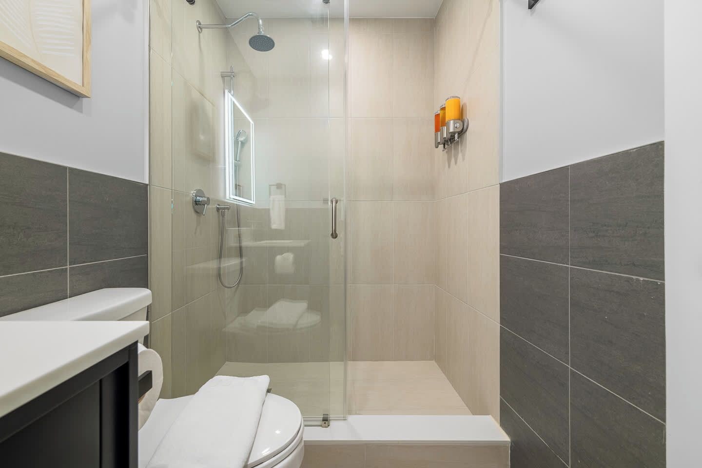 A modern bathroom with a glass-enclosed shower, a toilet, and a sink.