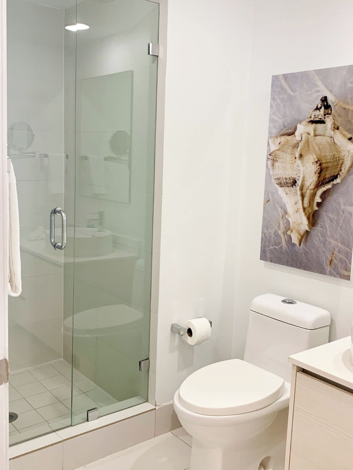 Une salle de bain moderne avec une douche à parois de verre, des toilettes et un lavabo.