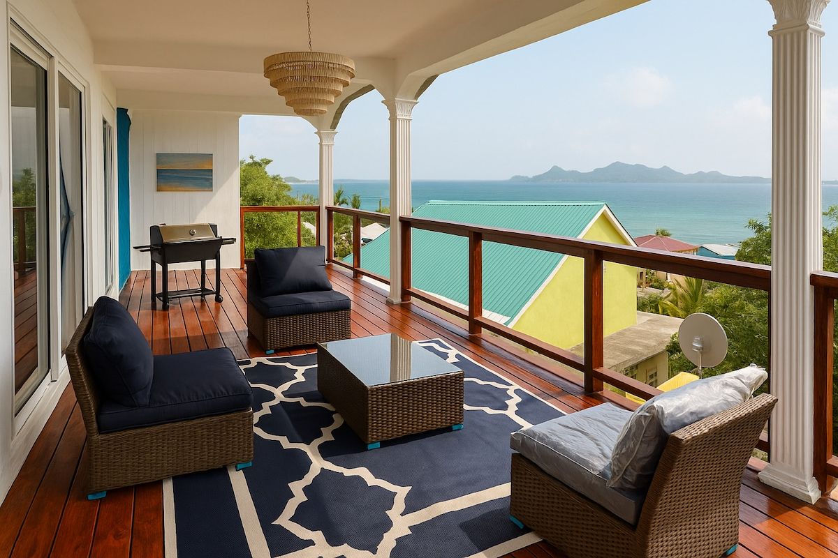 A balcony with wicker furniture, a table, and a view of the sea.