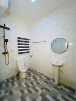 Un baño con inodoro, ducha, lavabo y espejo.