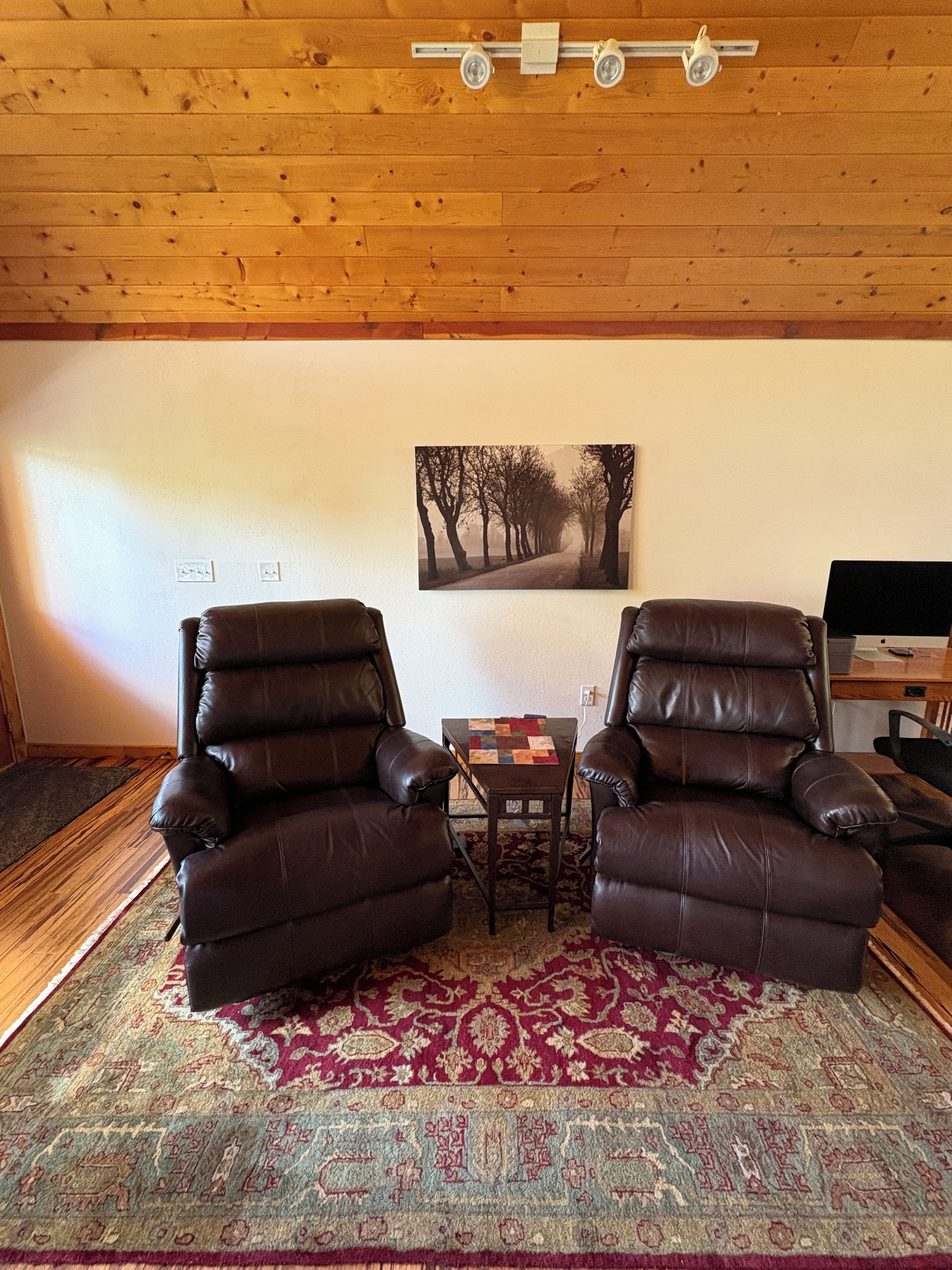 Una habitación con dos sillones de cuero reclinables, una mesita, un tapete estampado y un cuadro en la pared.