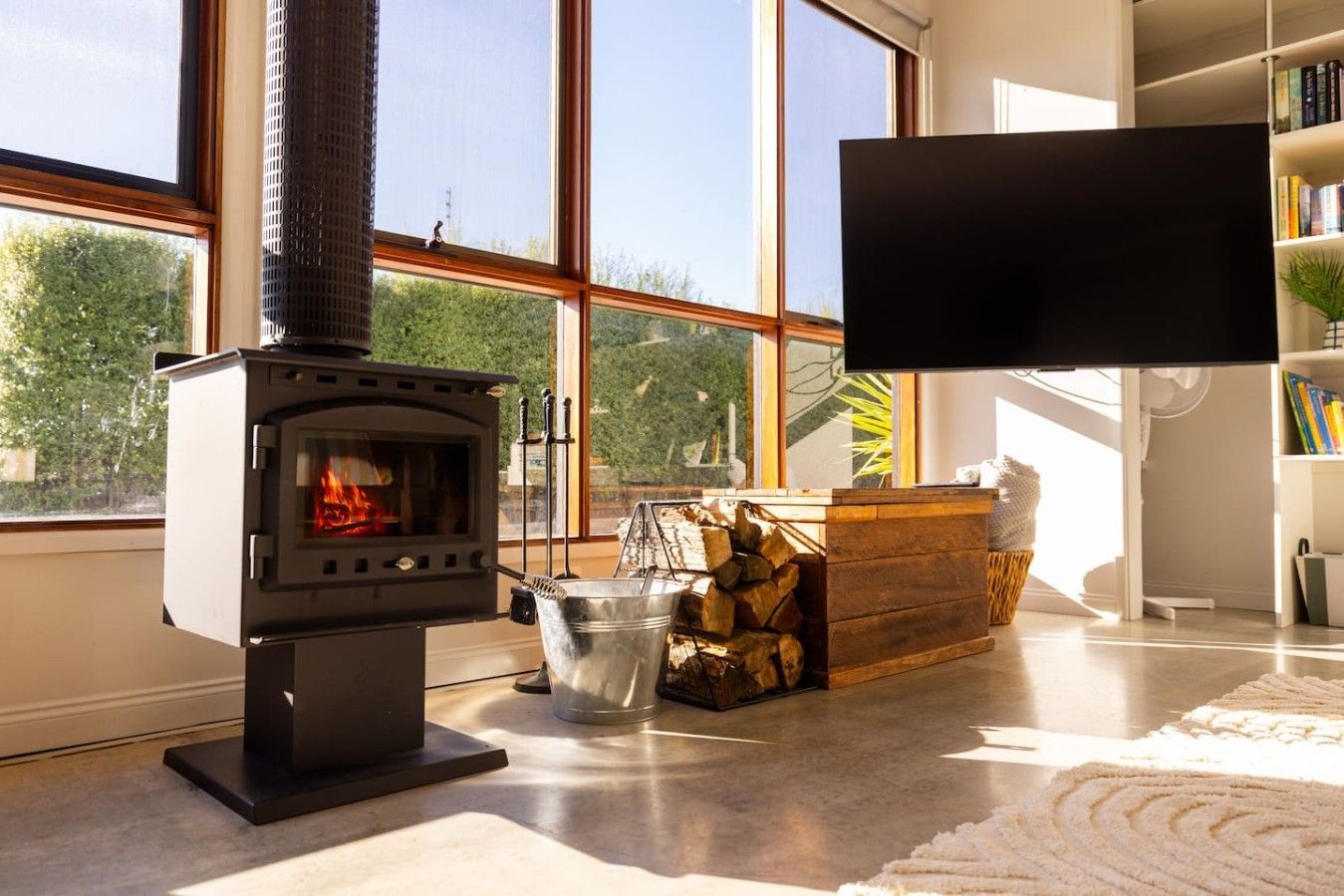 A modern living room with a wood-burning stove, a flat-screen TV, and a bookshelf.