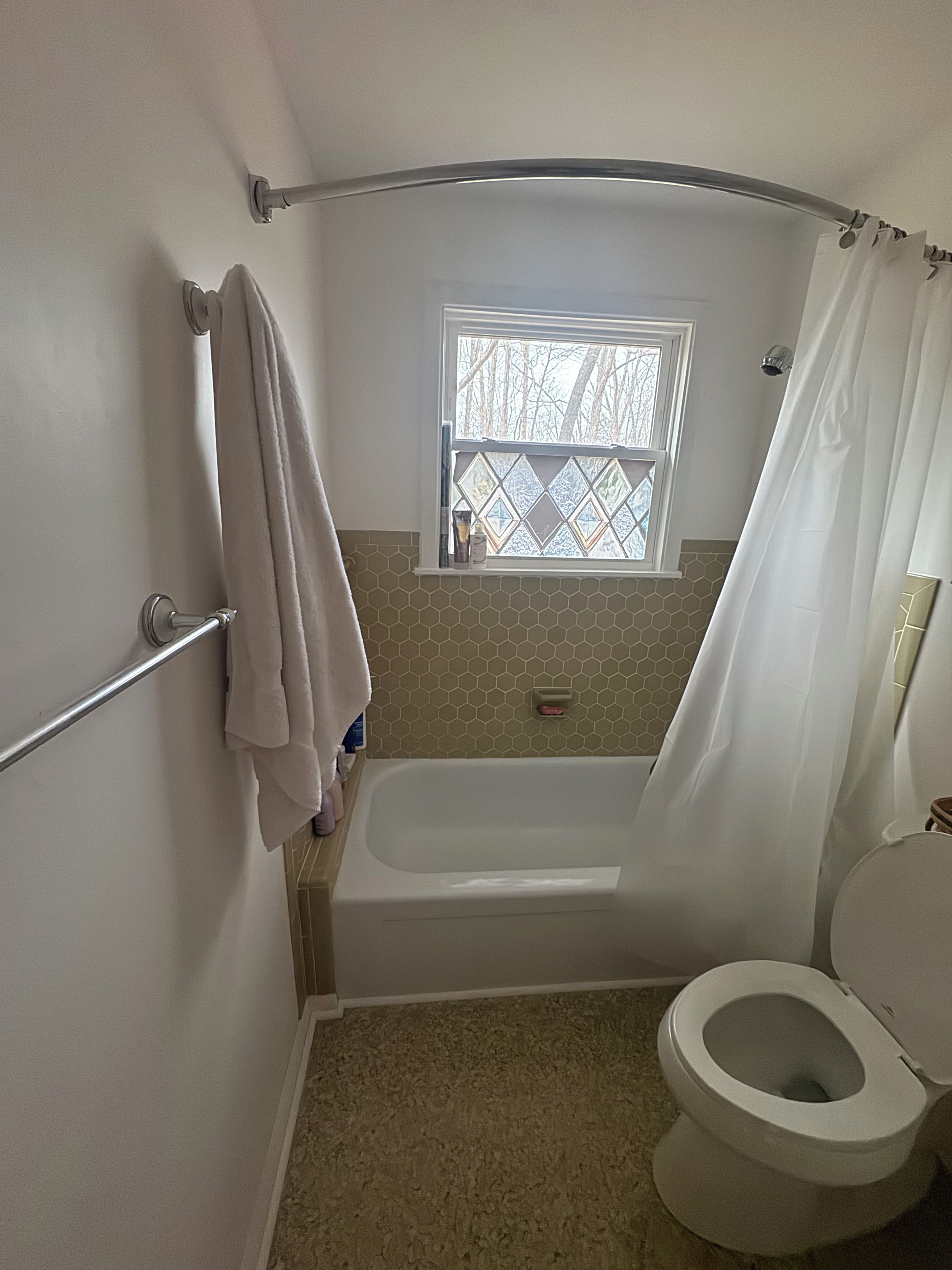 Une salle de bain avec une baignoire, des toilettes et une fenêtre donnant sur les arbres.