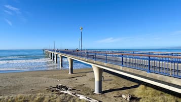 A coastal pier with a blue railing, concrete supports, and a clear sky.