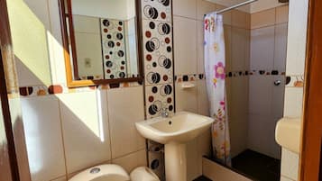 Un baño con inodoro, lavabo y zona de ducha.