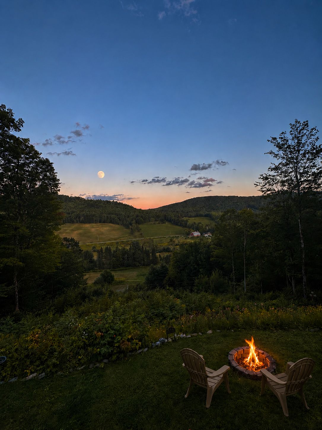 A nighttime outdoor scene with a fire pit and chairs, surrounded by a lush landscape and a visible moon.