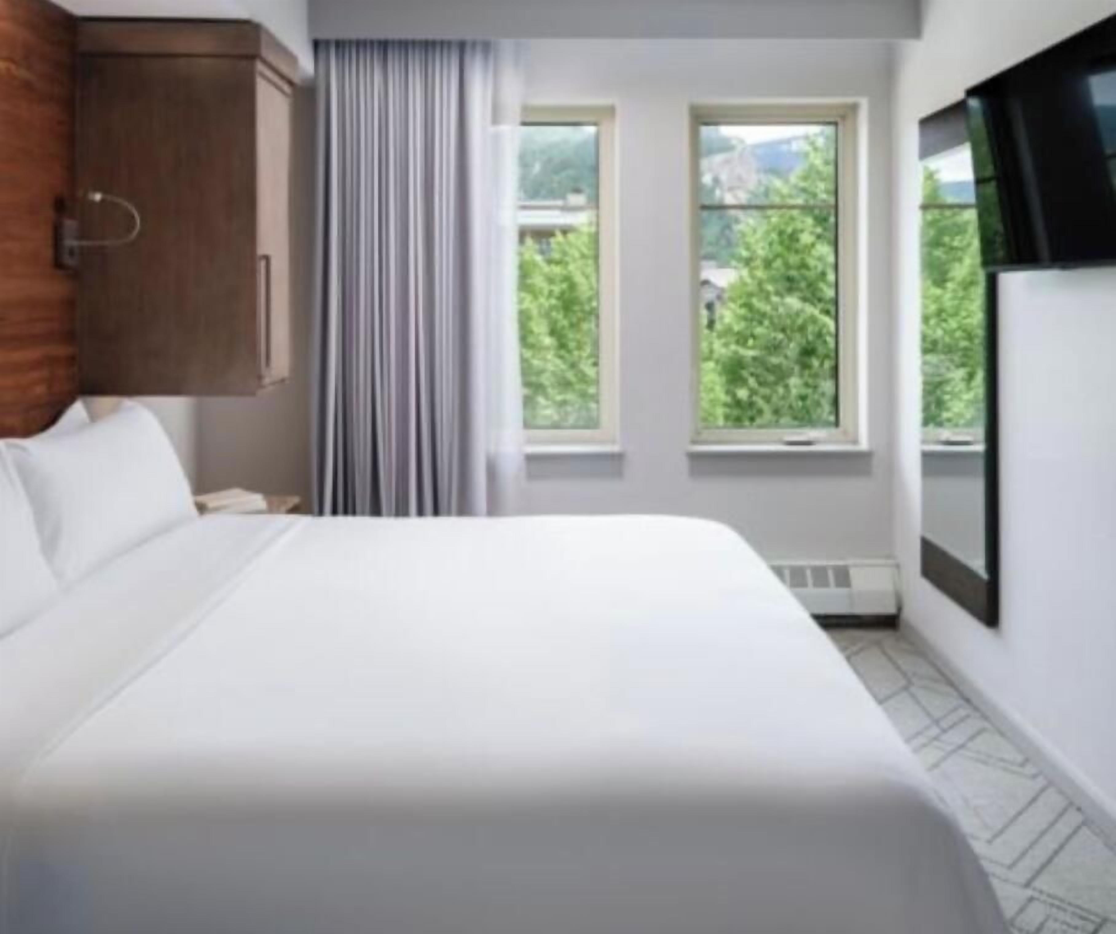 A hotel room with a bed, a wooden wardrobe, two windows, and a view of greenery outside.