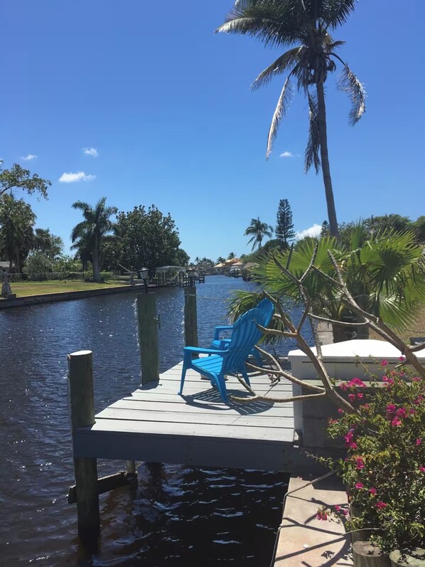 A dock with a blue chair, a palm tree, and a water body. - Waterfront Cape Coral Oasis: Heated Pool, Spa, Direct Gulf Access & Dock (Cape Coral)