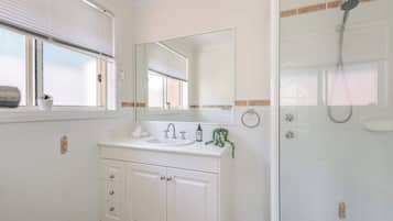 A bathroom with a sink, mirror, and shower.