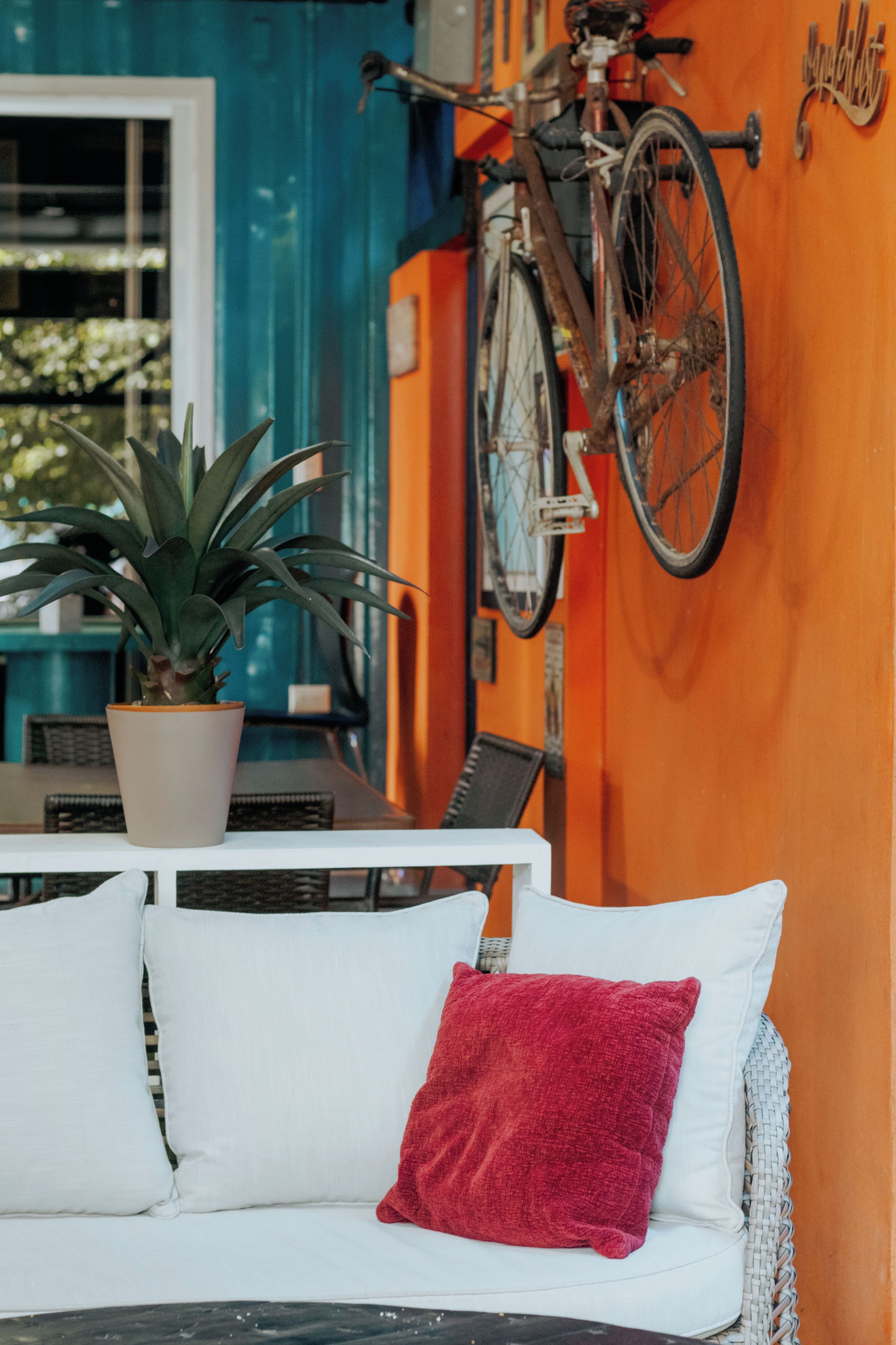 A room with a white sofa, a red pillow, a potted plant, and a bicycle mounted on the wall.