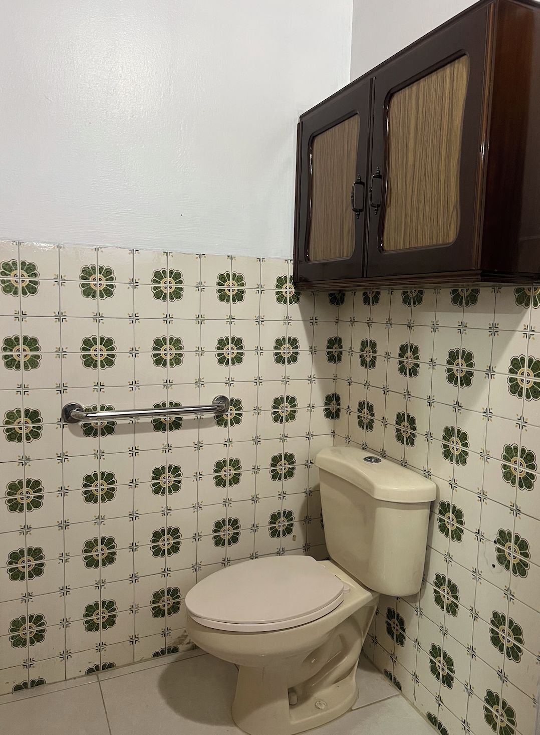 Un baño con inodoro, barra de apoyo y armario.