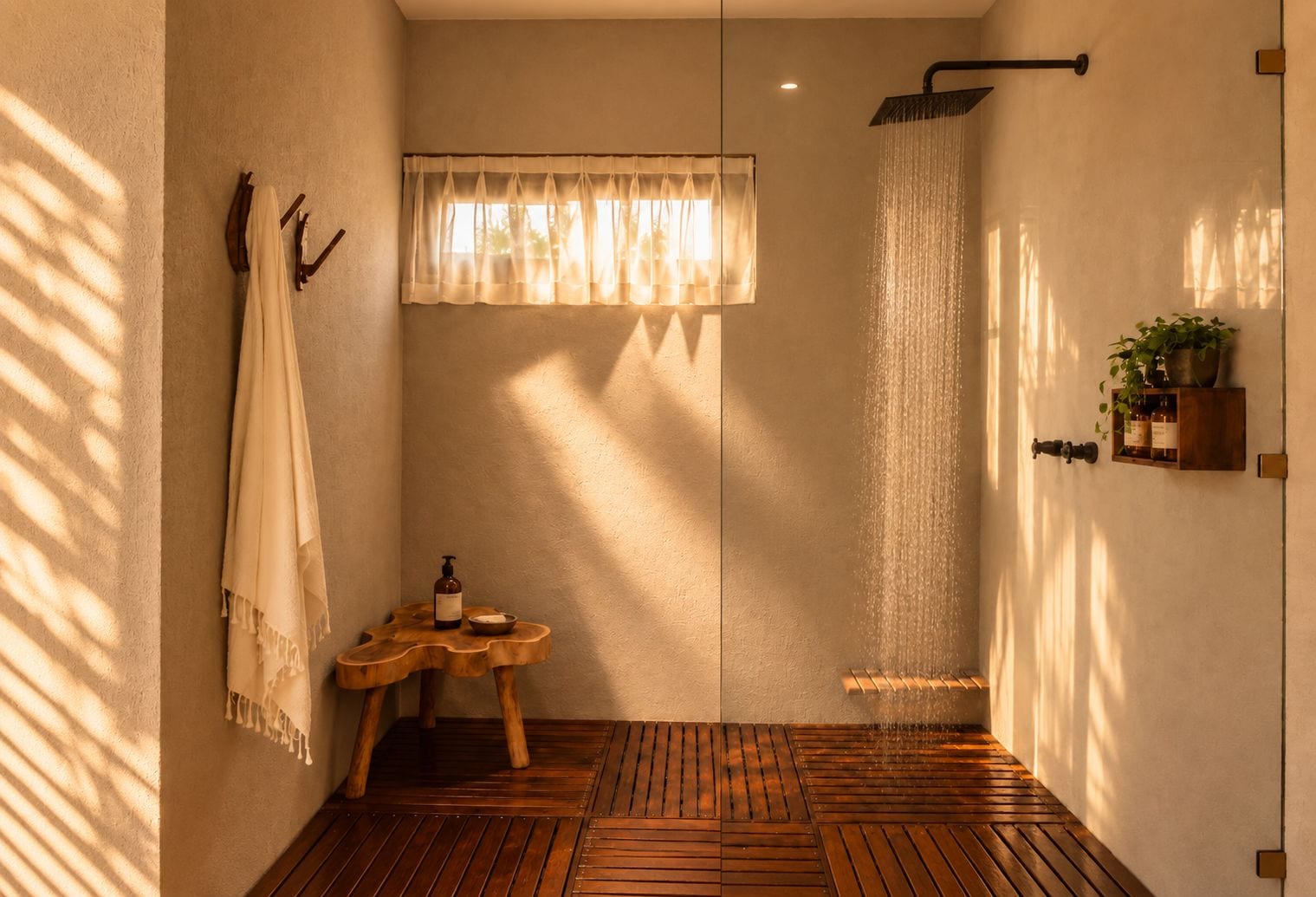 Un baño con piso de madera, una ducha con cortina, una pequeña mesa de madera con artículos de aseo personal y una ventana con cortinas traslúcidas.