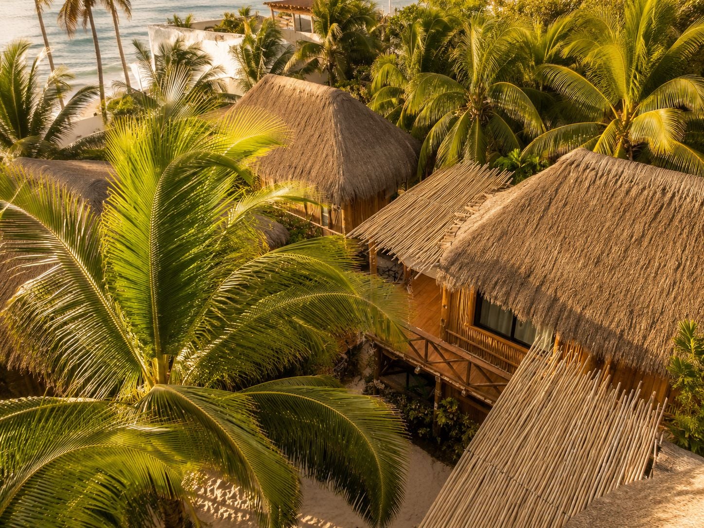 A tropical resort with thatched-roof huts, palm trees, and a beach view.