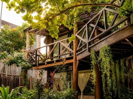 Una estructura de madera con techo, rodeada de abundante follaje y plantas.