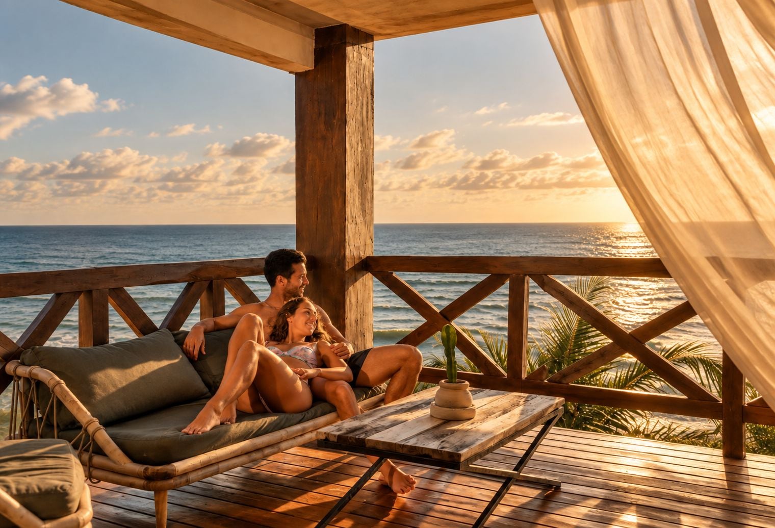 A wooden deck with a couple relaxing on a cushioned bench, overlooking the ocean.