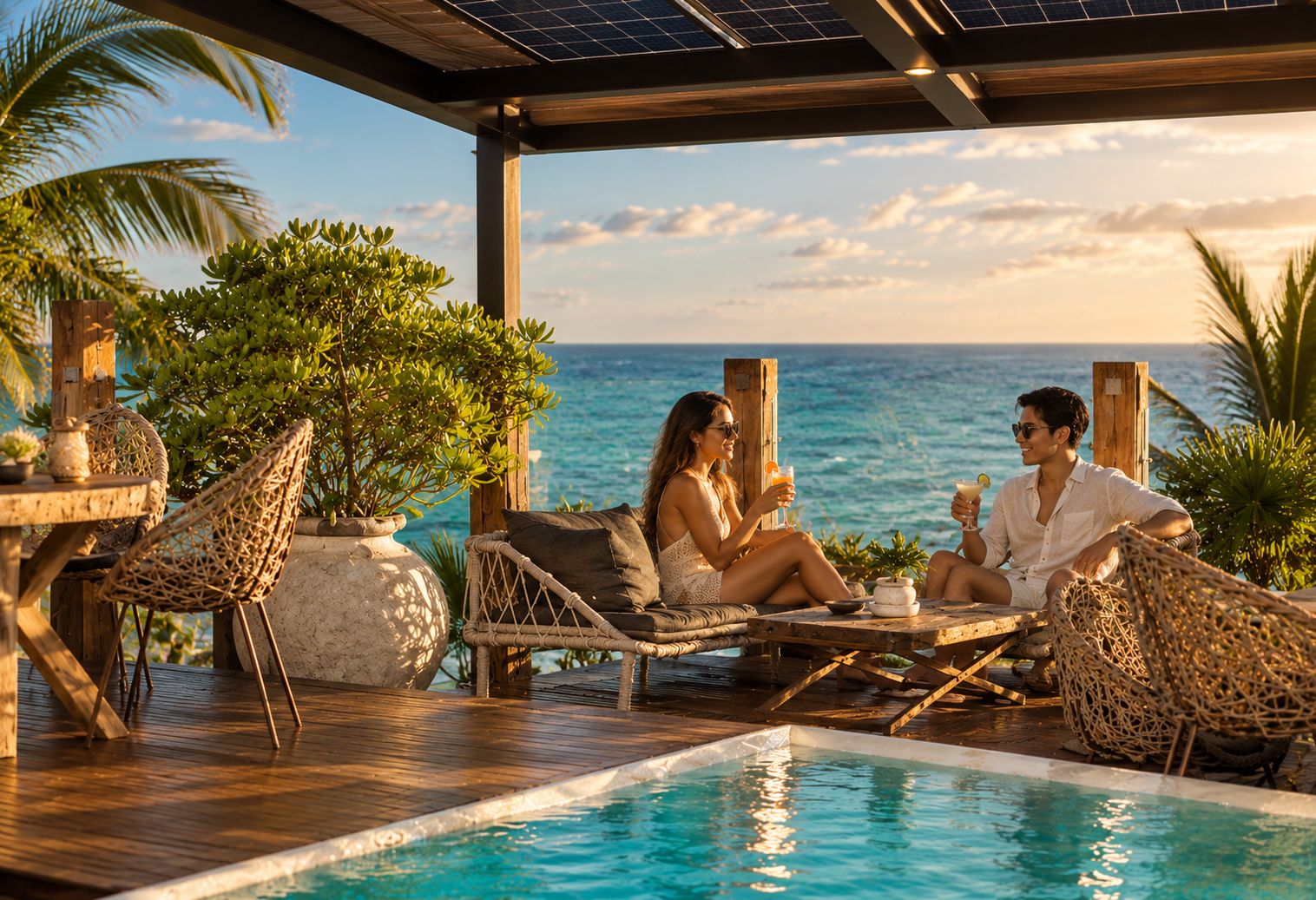 A poolside area with lounge chairs, a table, and a view of the ocean.