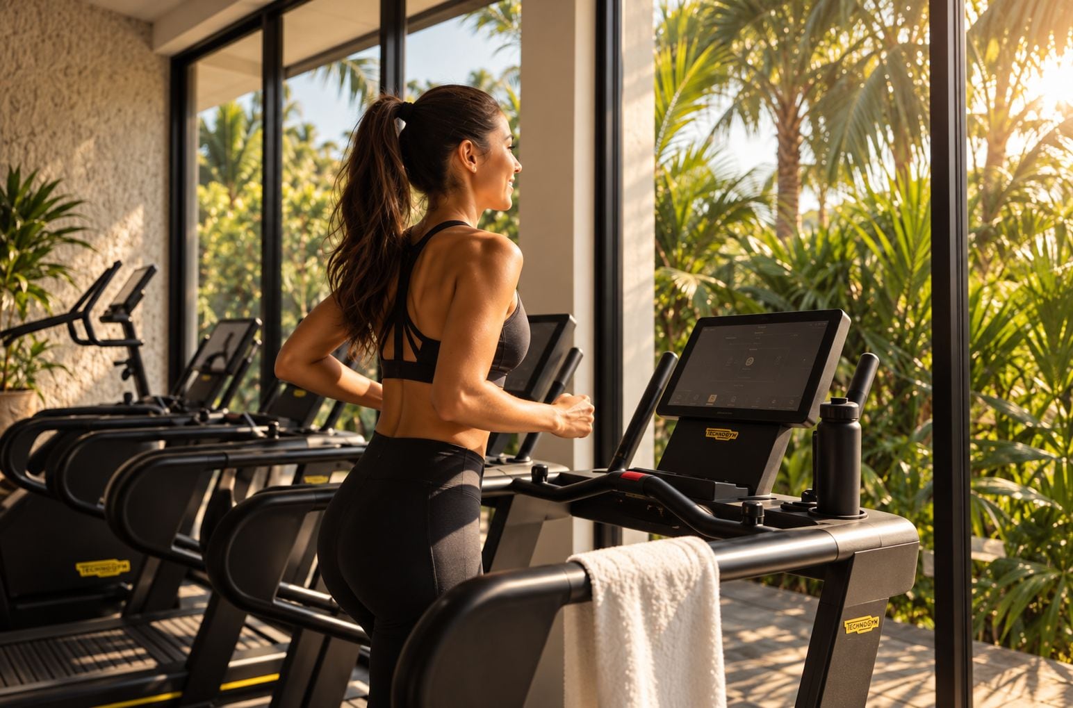 A person using a treadmill in a gym with a view of palm trees outside.