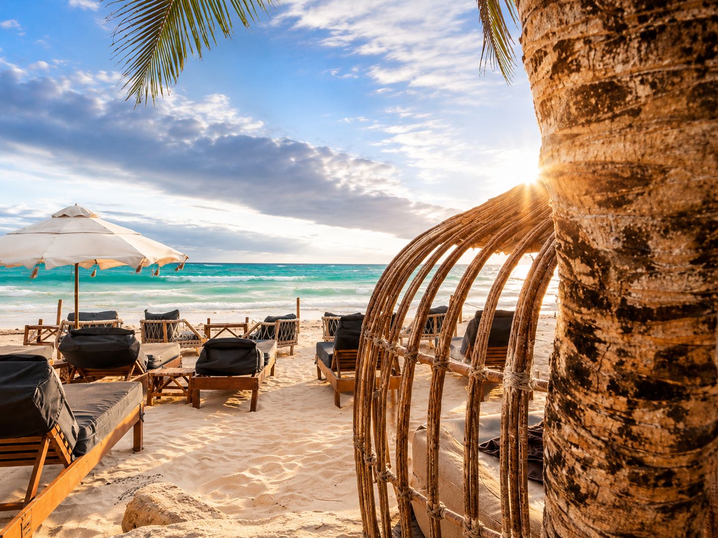 Una playa con sillas reclinables de madera y una sombrilla grande, una palmera y el océano al fondo.