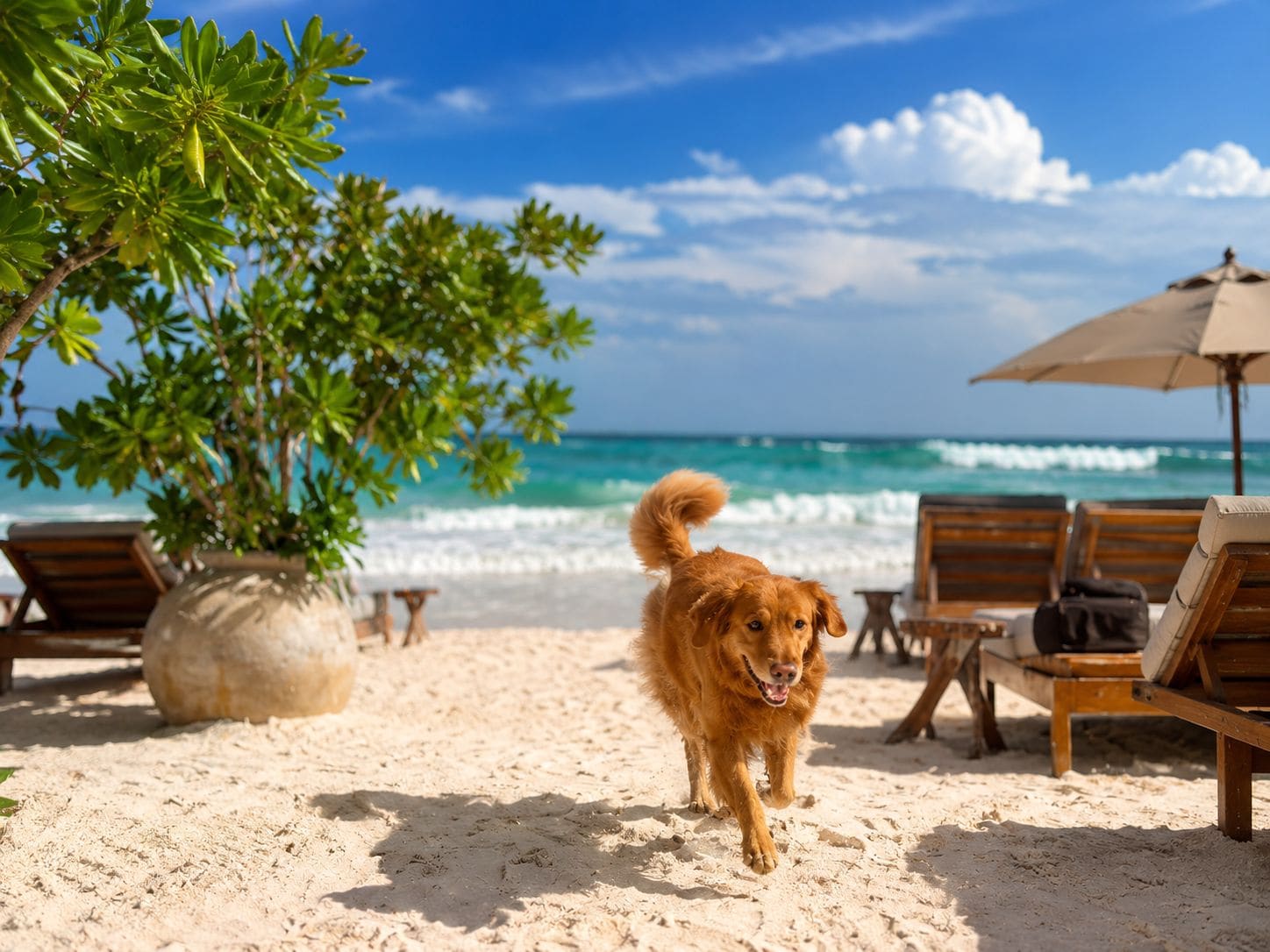 A beach scene with a dog, beach chairs, and umbrellas.