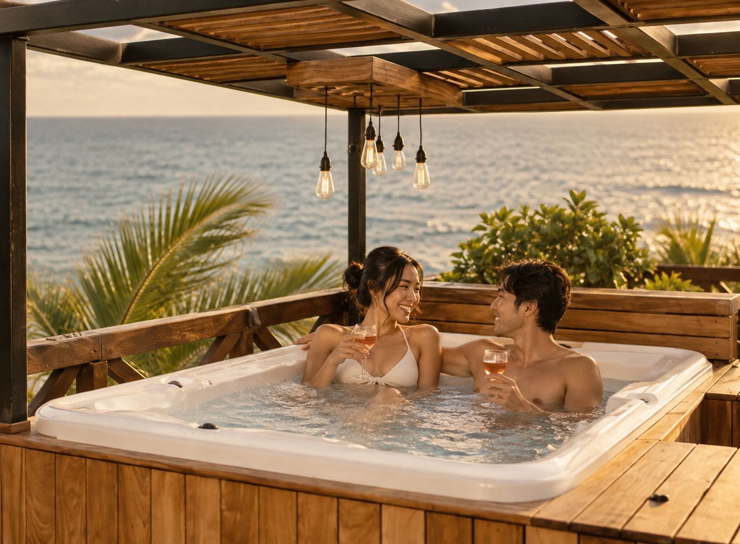 A couple relaxing in a wooden hot tub with a view of the ocean.