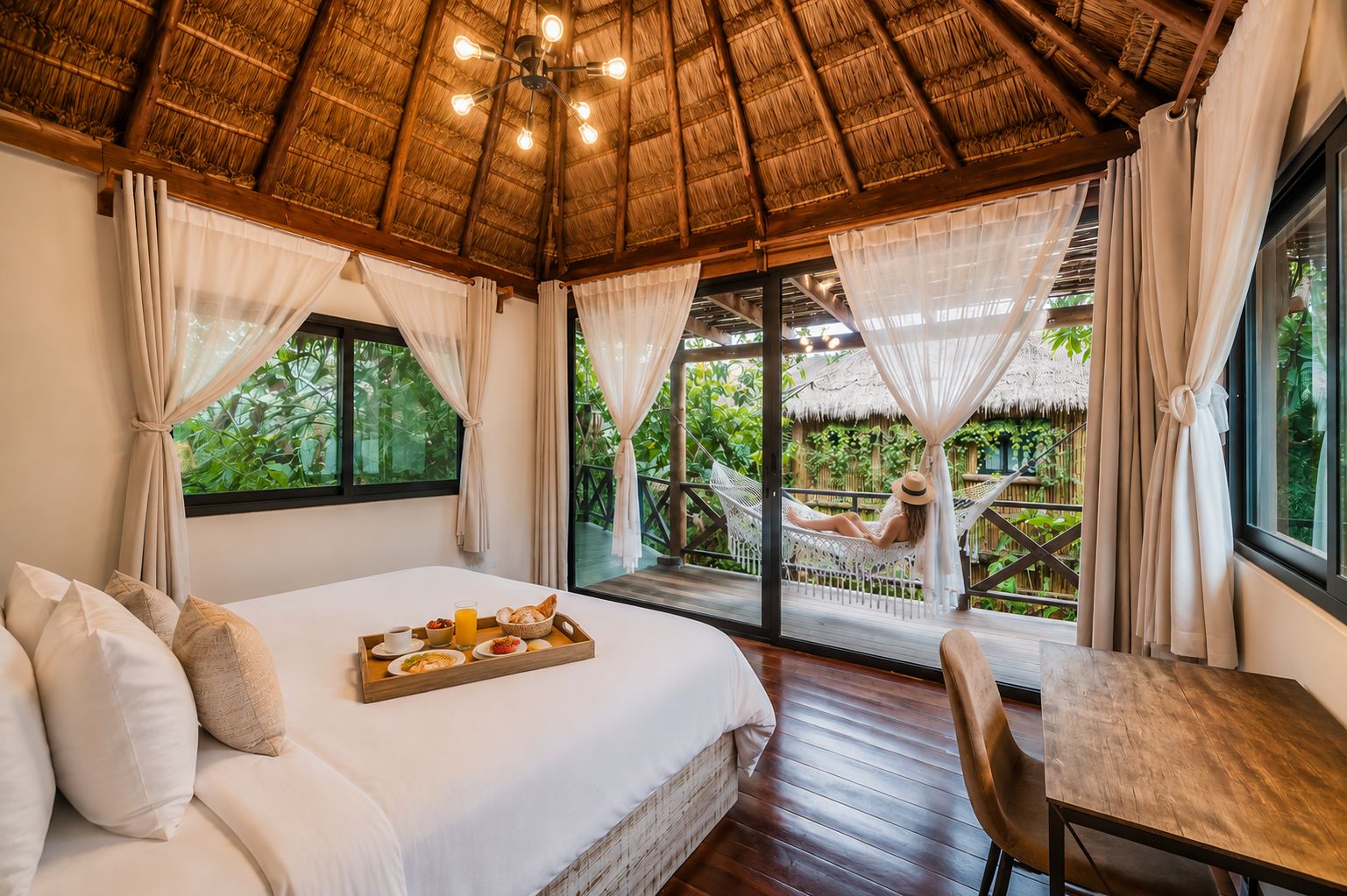 A bedroom with a bed, a dining table, and a hammock outside.
