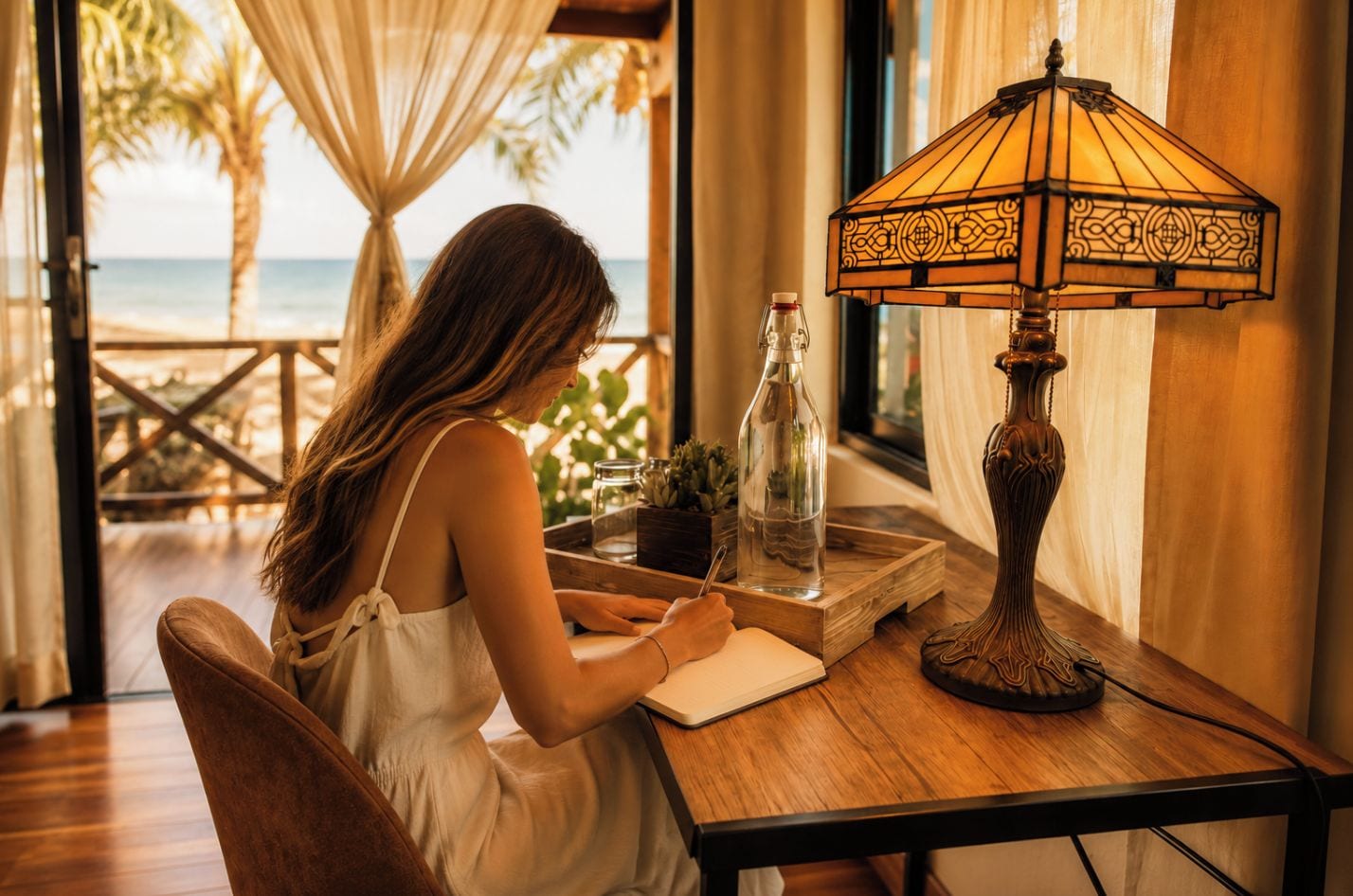 A woman writing at a wooden table with a lamp, a bottle, and a notebook.