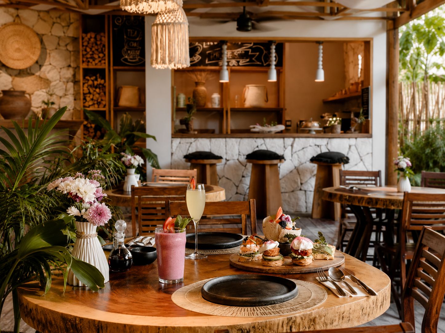 Un interior de restaurante con mesas redondas, sillas de madera y una variedad de platos y bebidas.