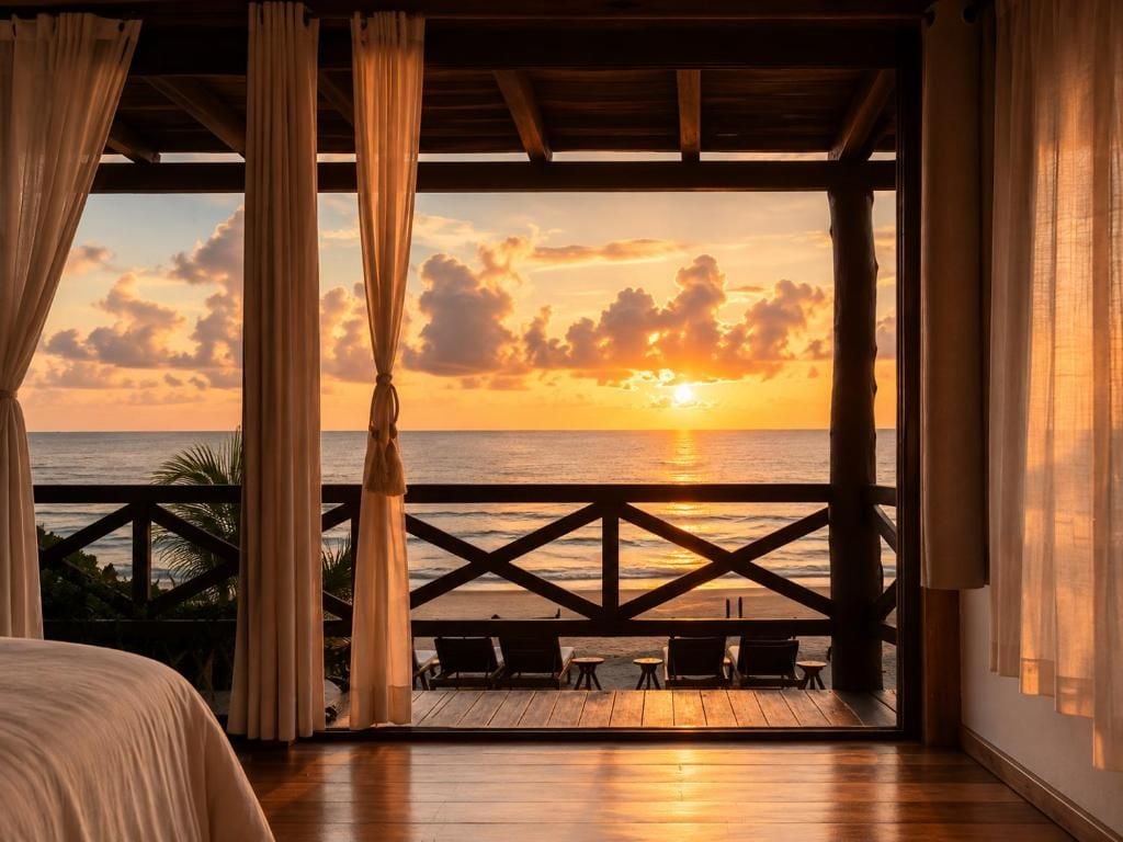 Una stanza con vista sul tramonto sull'oceano, un pontile in legno e un letto.