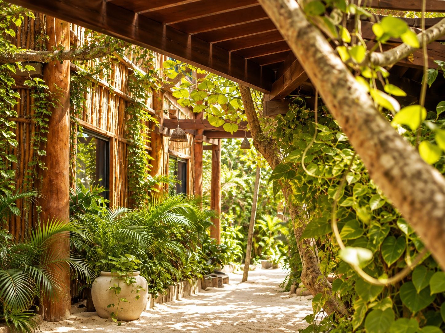 Une allée couverte dotée d’une structure en bois, entourée d’une végétation luxuriante et de plantes en pot.