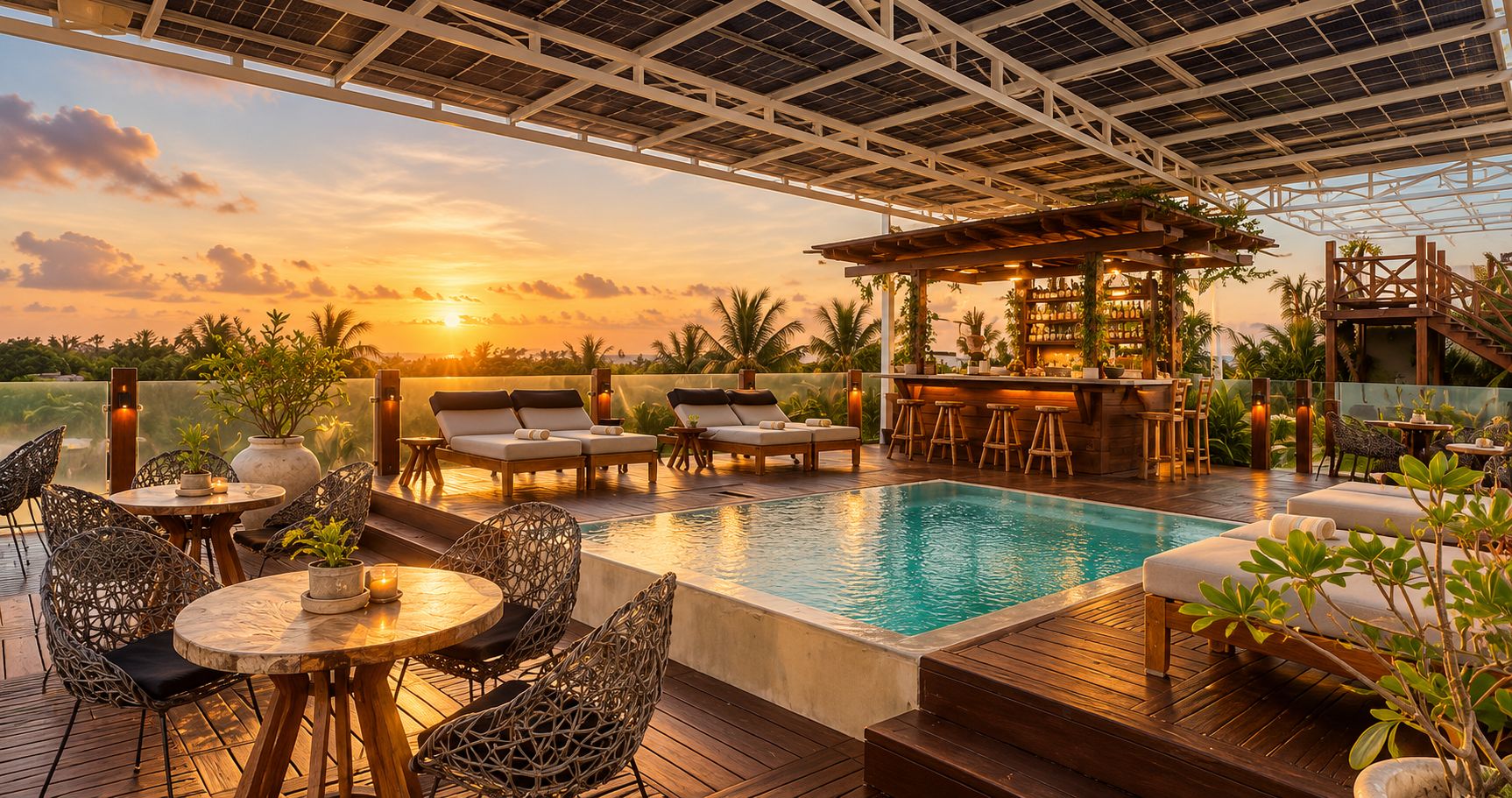 Un espace piscine aménagé sur le toit, avec des chaises longues, un bar et une vue sur le coucher de soleil.