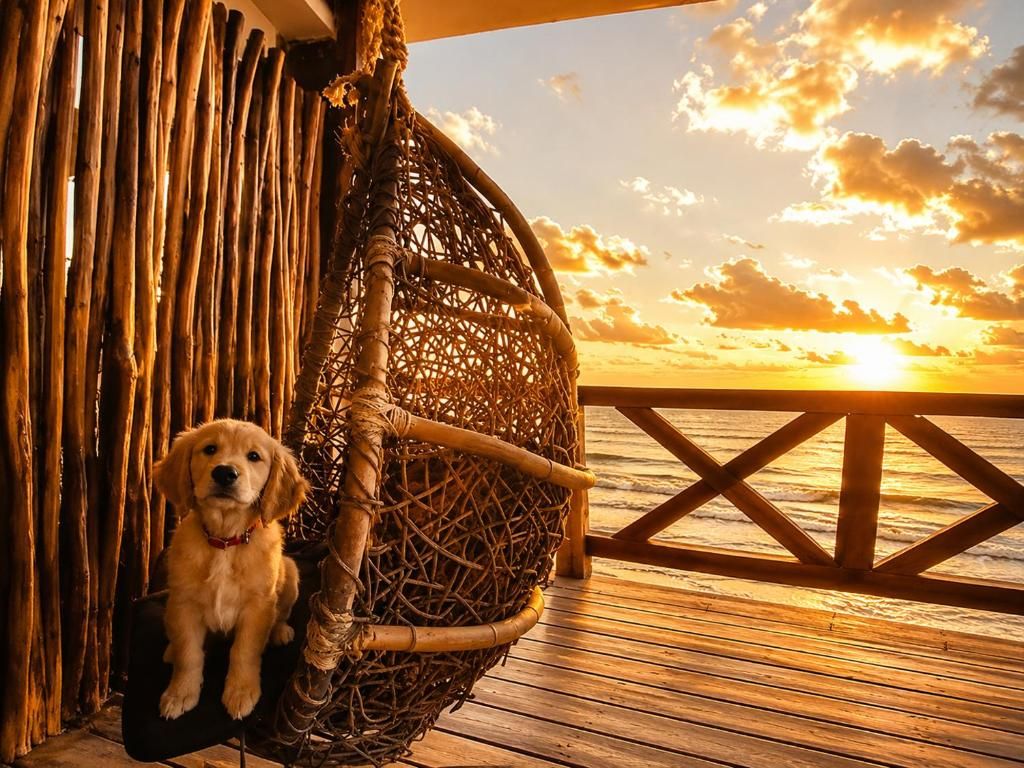 A wooden deck with a hanging wicker chair and a dog sitting on the floor.