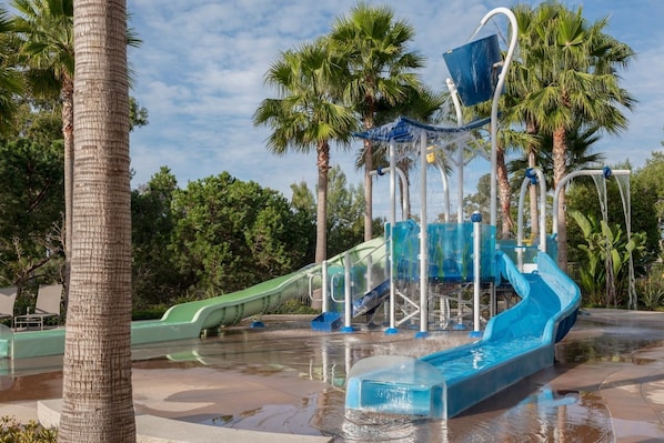 A water park with multiple slides and a wave pool.
