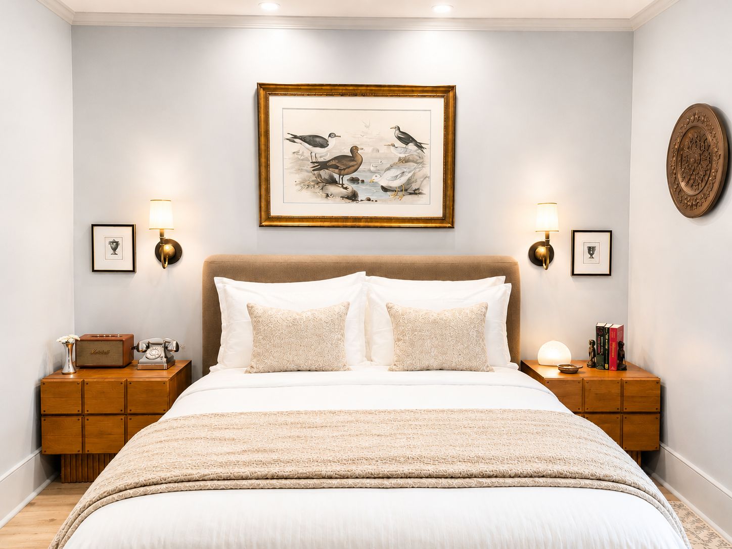 A bedroom with a large bed, two bedside tables with lamps, a framed artwork above the bed, and a decorative wall piece.