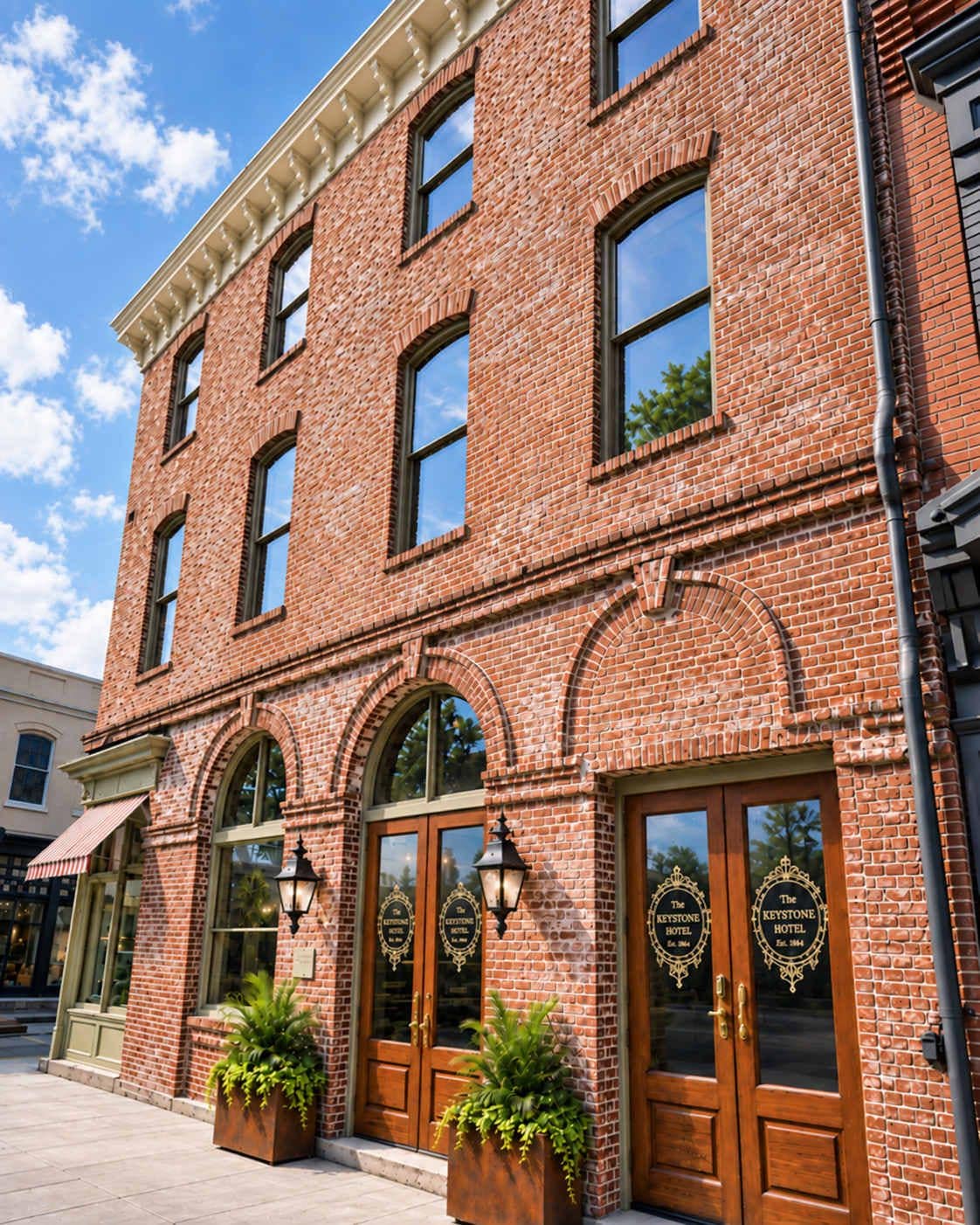 A brick building with arched windows and a wooden door, labeled as 'The Keystone Hotel.'