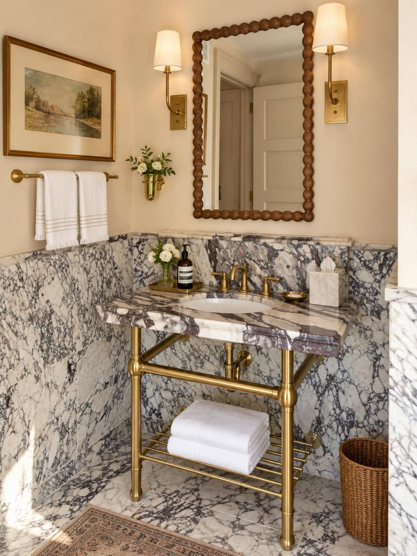 Een badkamer met een marmeren wastafel, gouden details, een grote spiegel en een lijstwerk met een landschapsafbeelding.